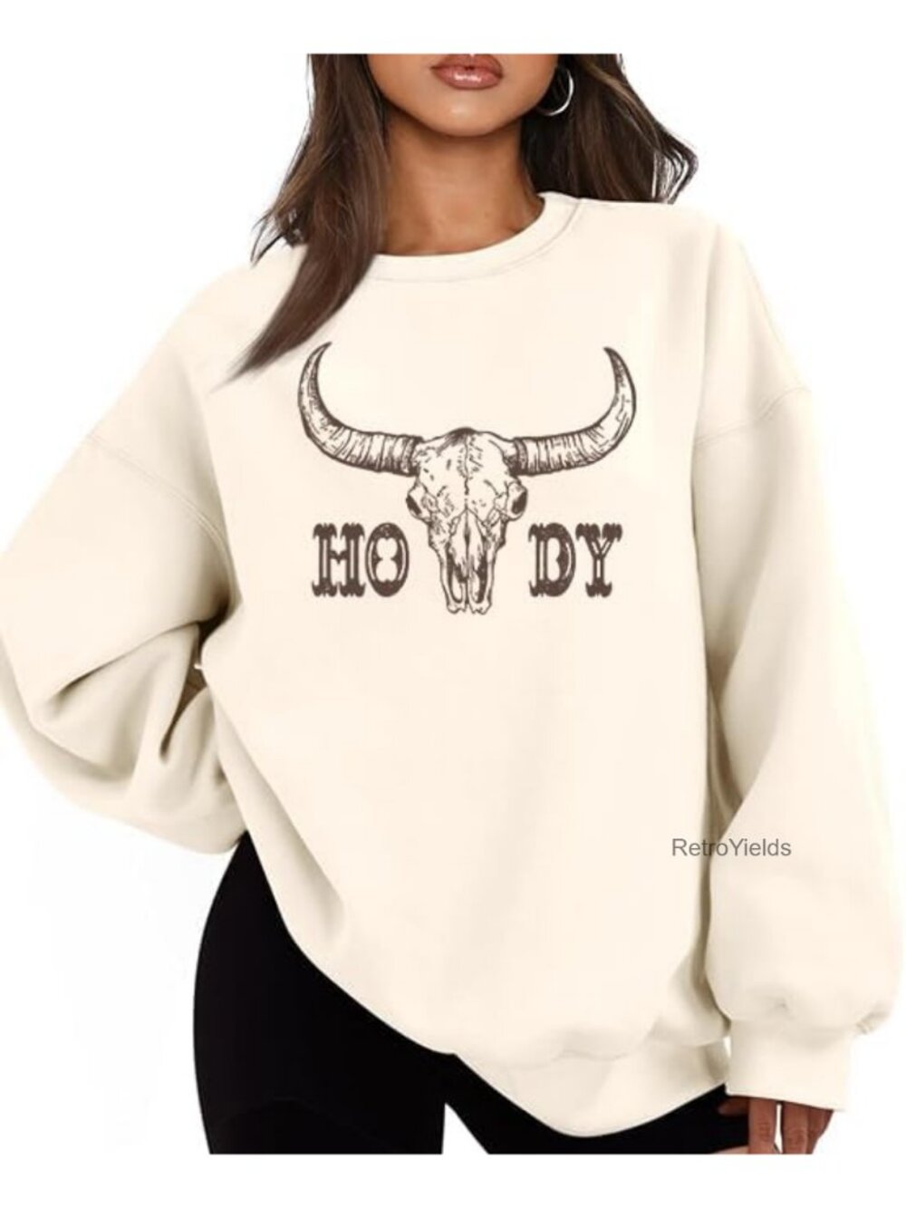 Oversized Cow Skull Graphic Sweatshirt Western Pullover Top